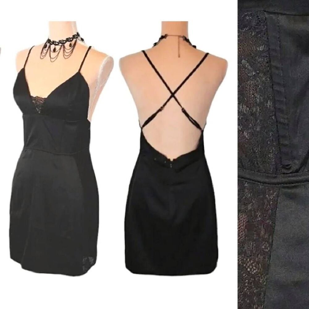 Y2K Black Satin And Lace Strappy Tank Mini Slip Dress Large *fits like Small